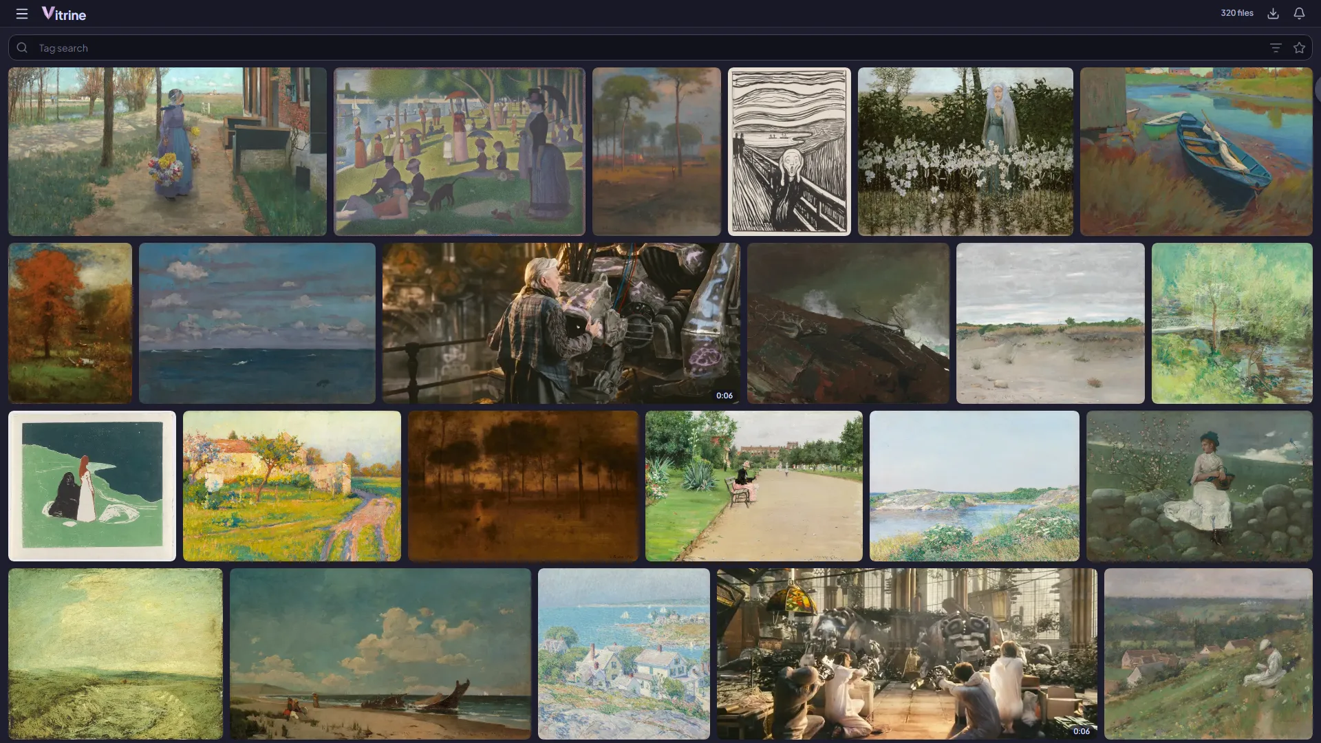 Vitrine's library in Rows: a search bar over a justified grid of paintings, prints and clips