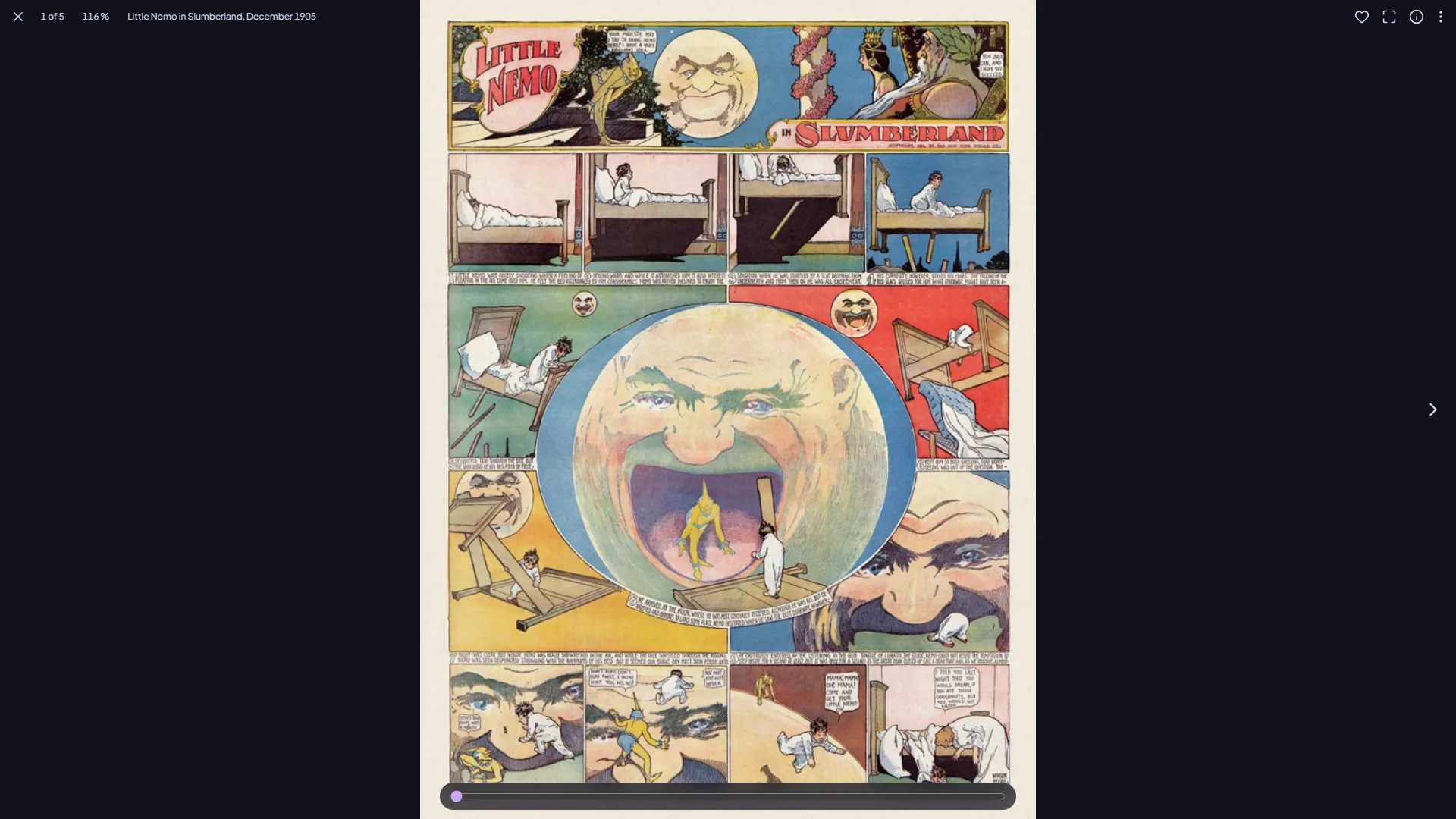 The comic reader: a page of Little Nemo in Slumberland, its title and page number at the top, a slider at the bottom