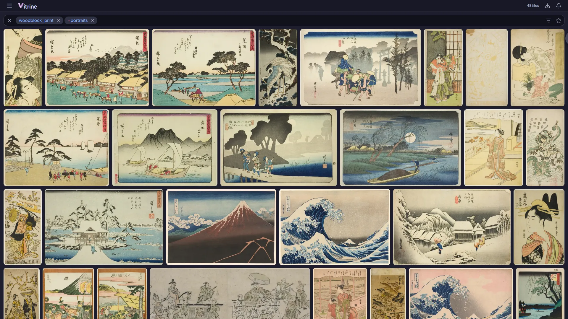 A search for woodblock prints without portraits: two chips in the search bar over a grid of Japanese prints