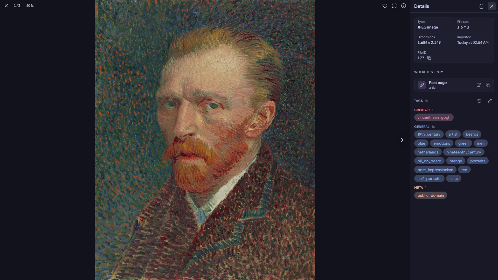 The viewer with its details: where the file came from, its sources and its tags by kind