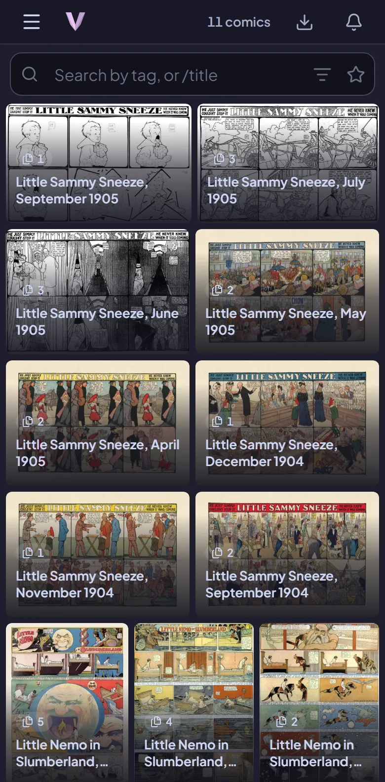 On a phone: the Comics page