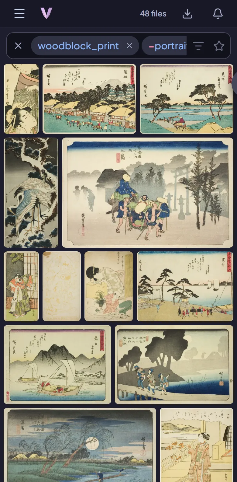 On a phone: a search with chips over a grid of woodblock prints